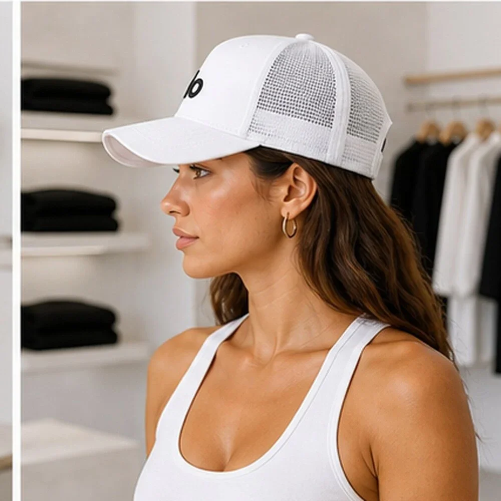 ALO Yoga White Black Athleisure Mesh Trucker Cap Hat Logo